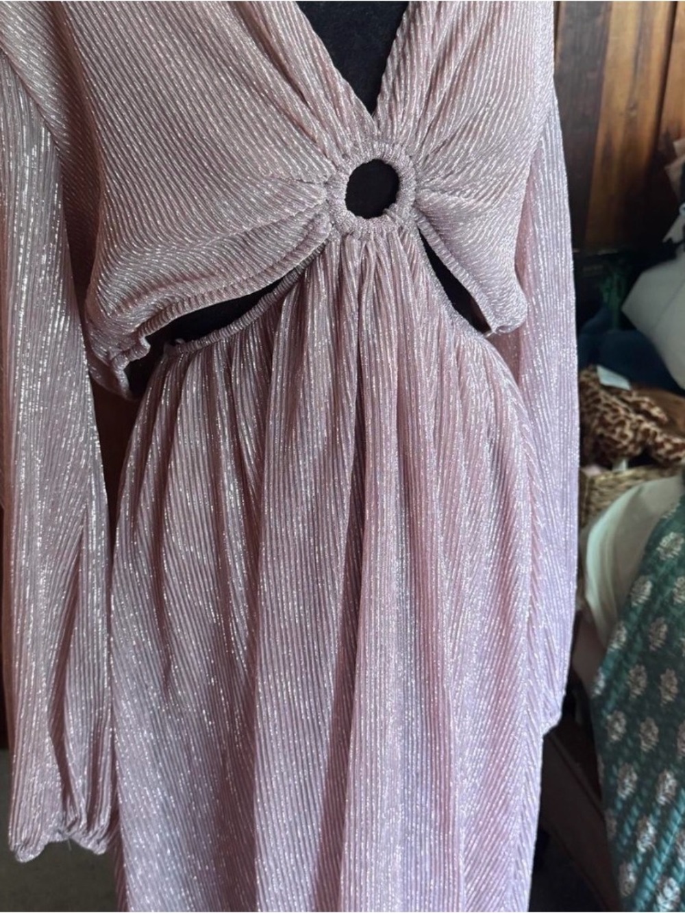 Elegant Pink Metallic Prom Dress with Ring Detail